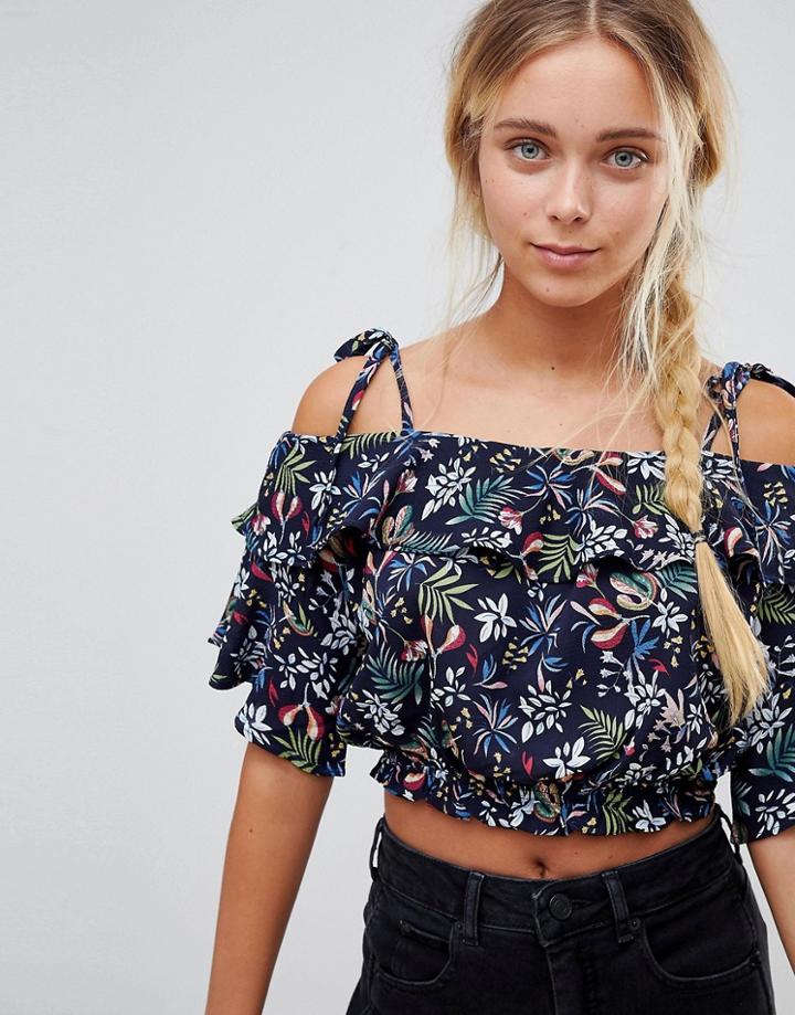 Qed London Floral Cold Shoulder Crop Top - Navy