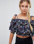 Qed London Floral Cold Shoulder Crop Top - Navy