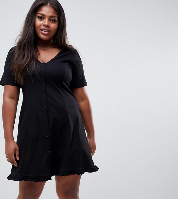 Asos Design Curve Button Through Tea Dress With Frill Hem - Black