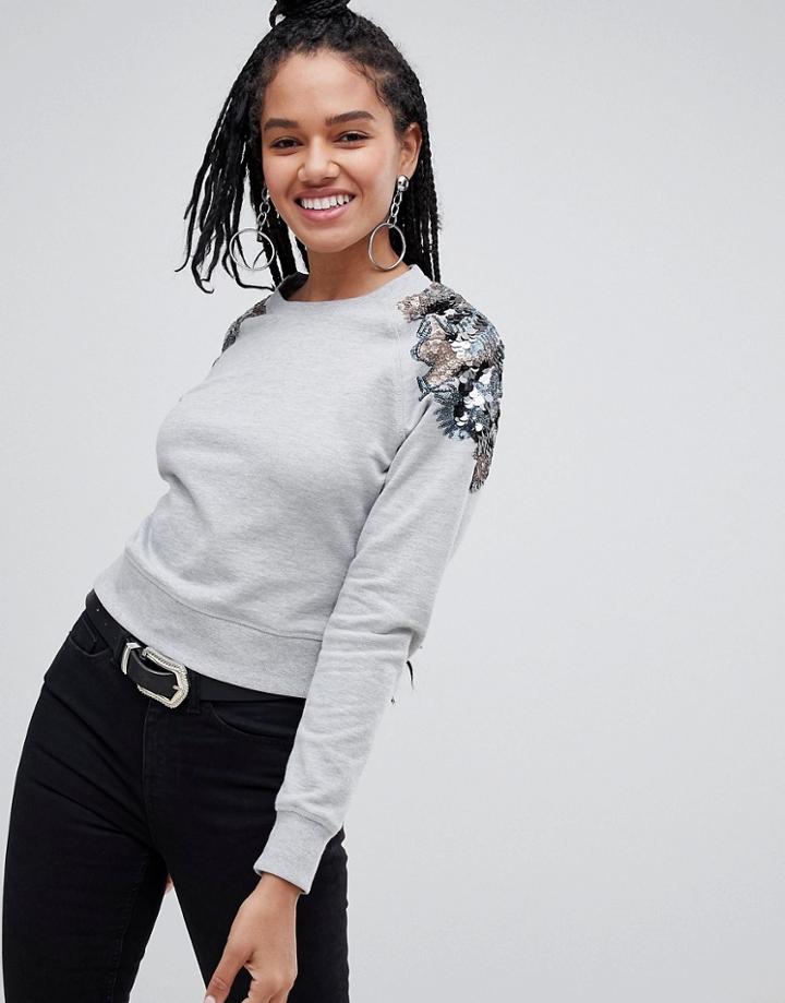 Miss Selfridge Embellished Shoulder Sweatshirt In Gray - Gray