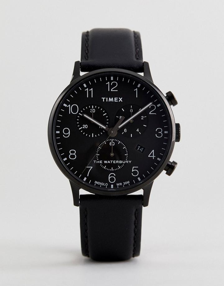 Timex Tw2r71800 Waterbury Classic Chronograph Leather Watch In Black - Black