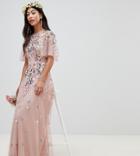 Asos Design Petite Bridesmaid Floral Embroidered Dobby Mesh Flutter Sleeve Maxi Dress - Pink