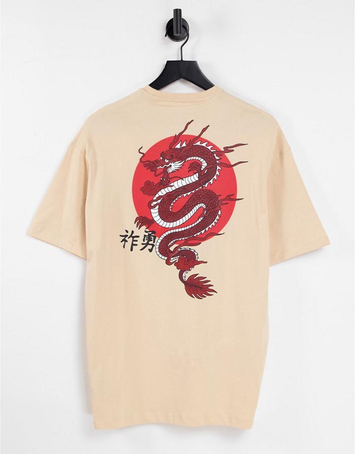 Selected Homme Oversized T-shirt With Dragon Back Print In Beige-neutral