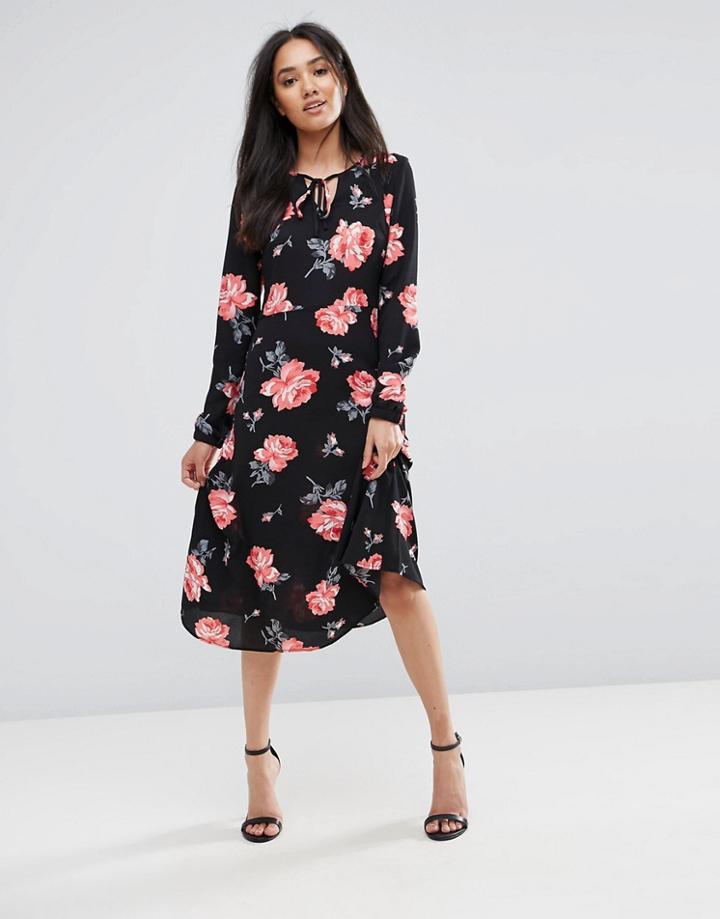 Ax Paris Black Floral Floaty Dress With Tie Detail - Black