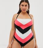 Simply Be Bandeau Swimsuit With Removable Halterneck In Color Block - Multi