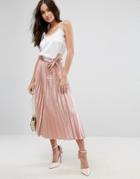 Asos Satin Pleated Midi Skirt With Belt - Pink
