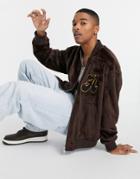 Asos Design Faux Fur Varsity Bomber Jacket With Embroidery In Brown