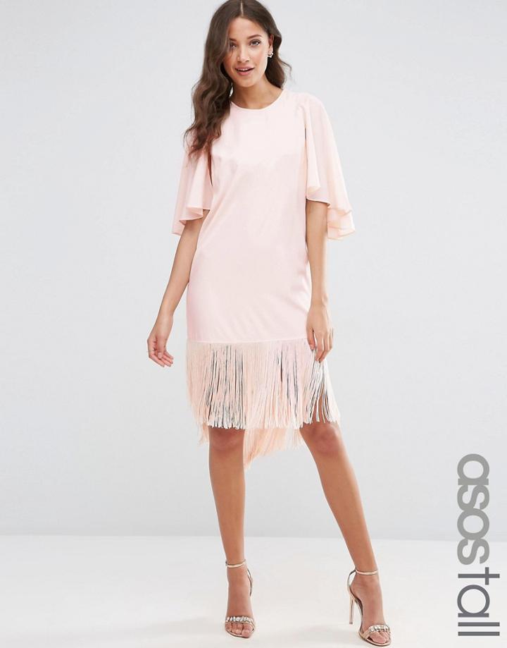 Asos Tall Flutter Sleeve T-shirt Dress With Fringe Hem - Nude