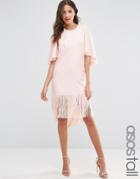 Asos Tall Flutter Sleeve T-shirt Dress With Fringe Hem - Nude