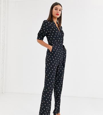 Fashion Union Tall Double Button Front Jumpsuit With Tie Waist In Allover Ditsy Floral