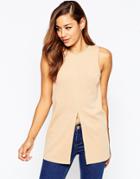 Asos Split Front Longline Top In Ponte - Camel