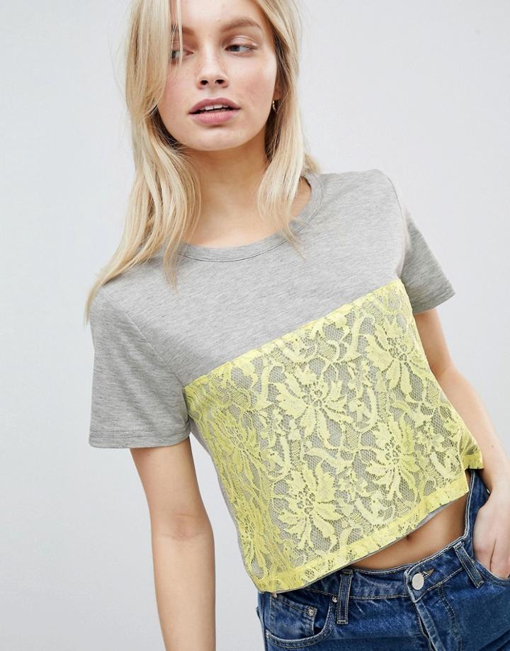 Qed London Lace Detail T-shirt - Yellow