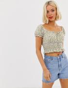 New Look Ditsy Square Neck Puff Sleeve Top In Floral Pattern - White