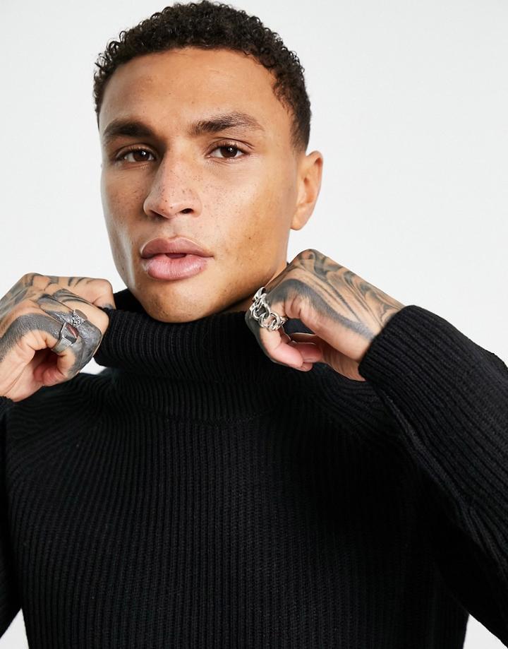 Jack & Jones Originals Ribbed Roll Neck Sweater In Black