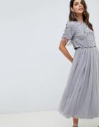 Asos Design Crop Top Fringe Embellishment Tulle Midi Dress - Gray