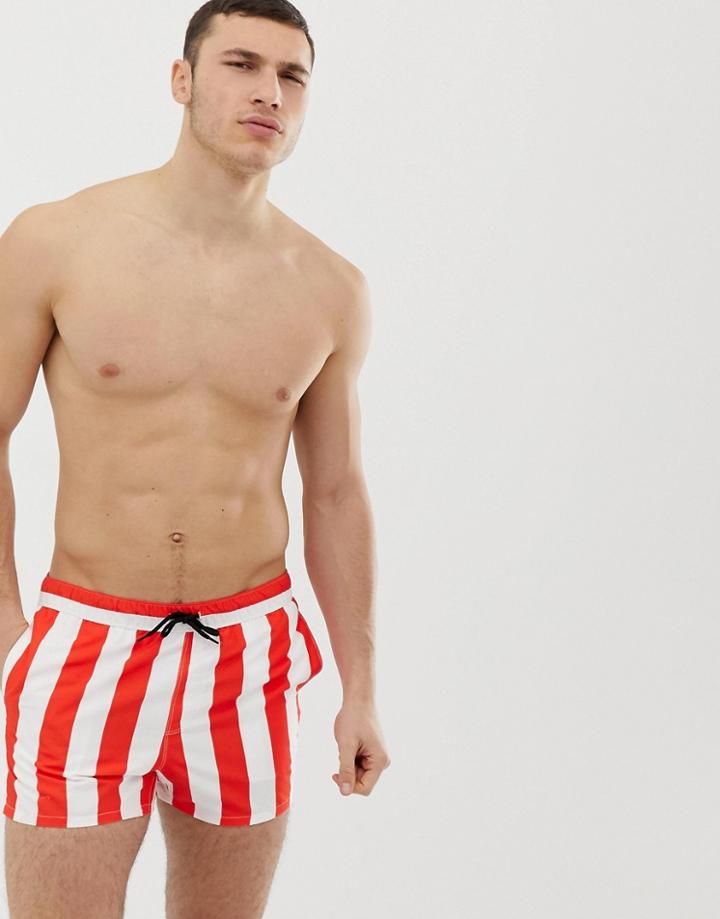 Asos Design Swim Shorts In Red & White Stripe Short Length - Multi