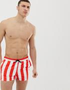 Asos Design Swim Shorts In Red & White Stripe Short Length - Multi