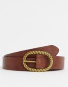 Asos Design Faux Leather Slim Belt In Vintage Tan And Burnished Gold Oval Buckle - Tan