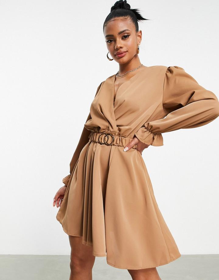 Ax Paris Belted Wrap Mini Dress In Camel-neutral