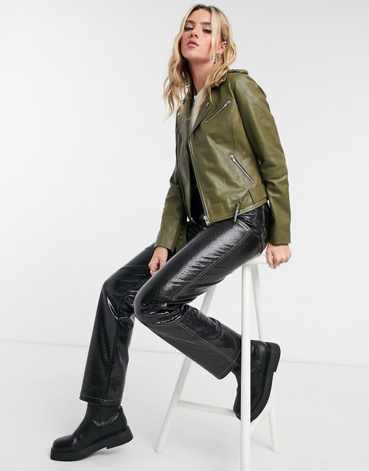 Barney's Originals Emma Real Leather Jacket In Khaki-green