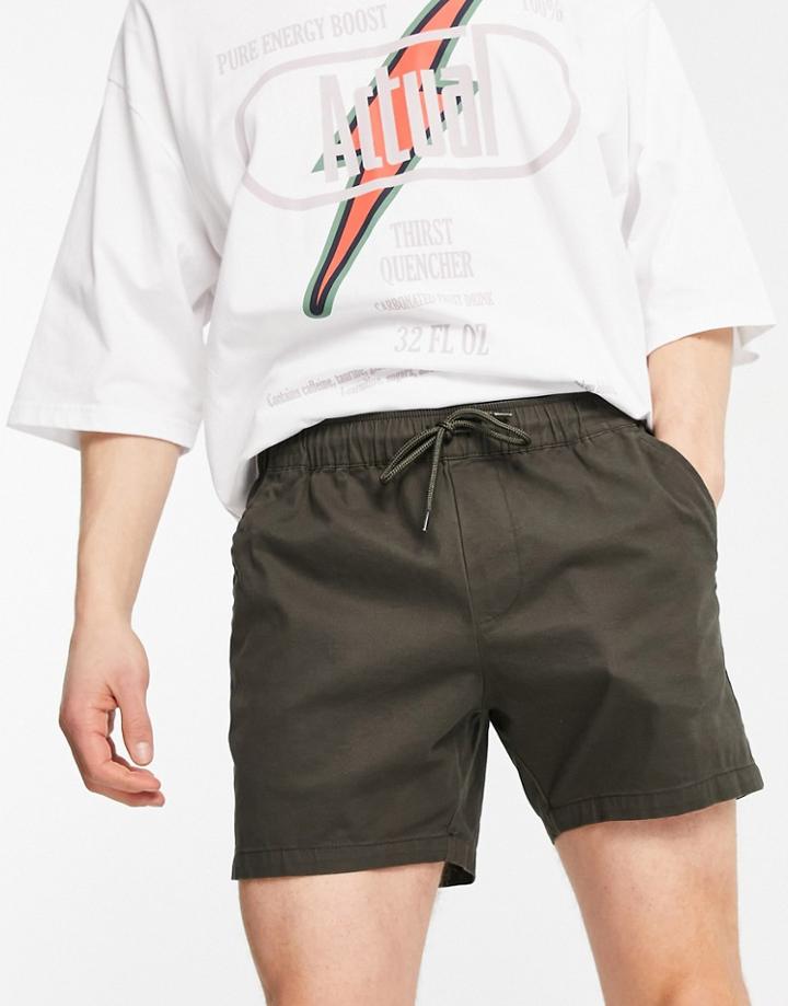 Asos Design Skinny Chino Shorts With Elasticized Waist In Khaki-green