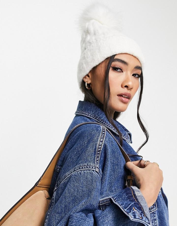 Asos Design Tonal Pom Beanie In Cream-white