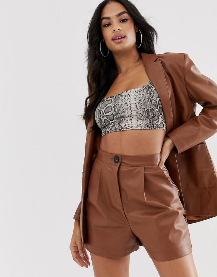 Asos Design Leather Look Suit Shorts In Tan - Tan