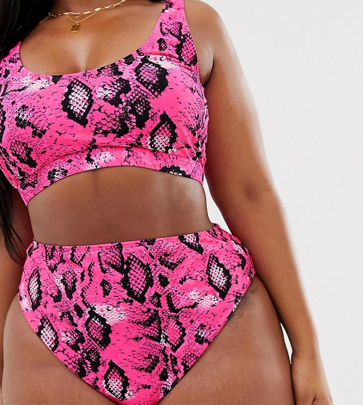 Asos Design Curve Mix And Match High Waist Bikini Bottom In Pink Neon Snake - Pink