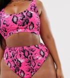 Asos Design Curve Mix And Match High Waist Bikini Bottom In Pink Neon Snake - Pink