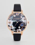 Olivia Burton Ob16bf04 Bejewelled Floral Leather Watch In Black - Black