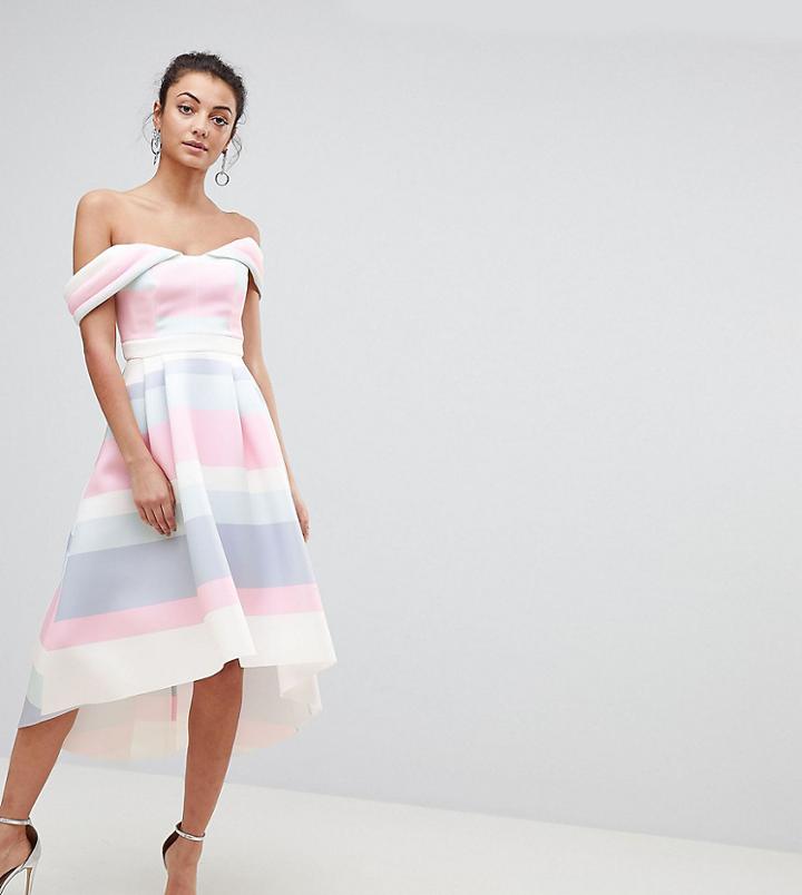 Asos Tall Bardot Cold Shoulder Dip Back Pastel Stripe Prom Dress - Multi