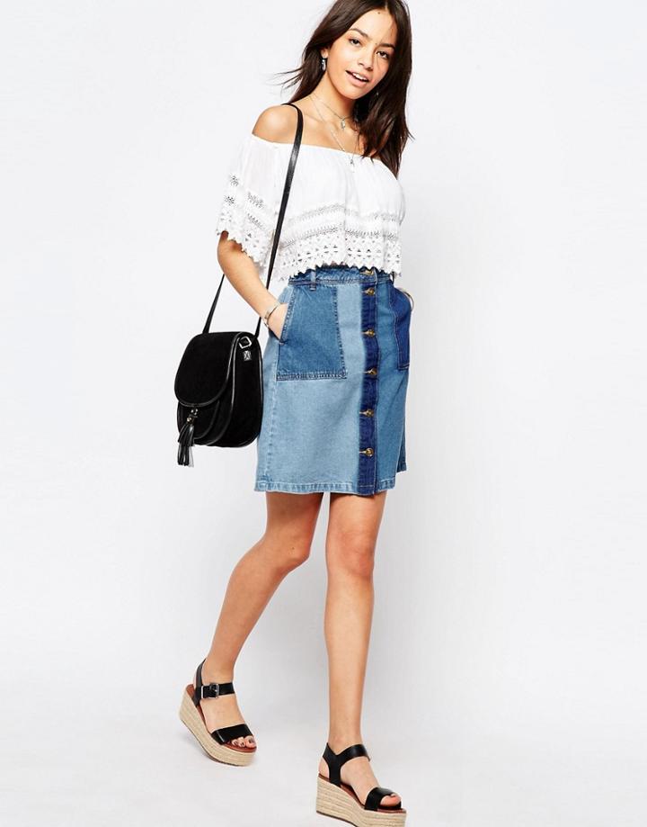 Only Patch Button Front A-line Skirt - Medium Blue Denim
