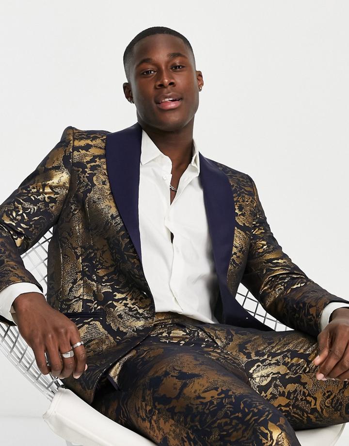 Twisted Tailor Armanto Skinny Suit Jacket In Navy With Gold Foil Print