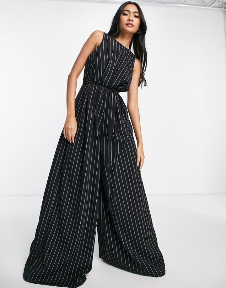 Asos Design Racer Neck Cinched Waist Culotte Jumpsuit In Gray And Black Pinstripe-multi