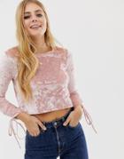 Brave Soul Crushed Velvet Ruche Sleeve Top In Pink - Pink