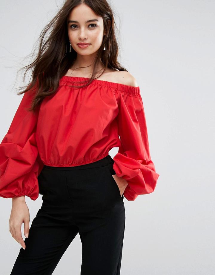 Miss Selfridge Ruched Sleeve Top - Red