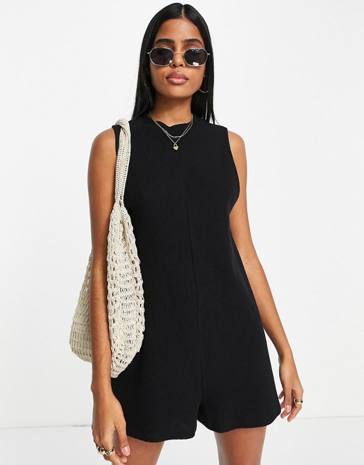 Asos Design Sleeveless Minimal Romper In Waffle In Black