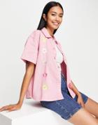 Neon Rose Oversized Boxy Denim Shirt With Floral Embroidery-pink