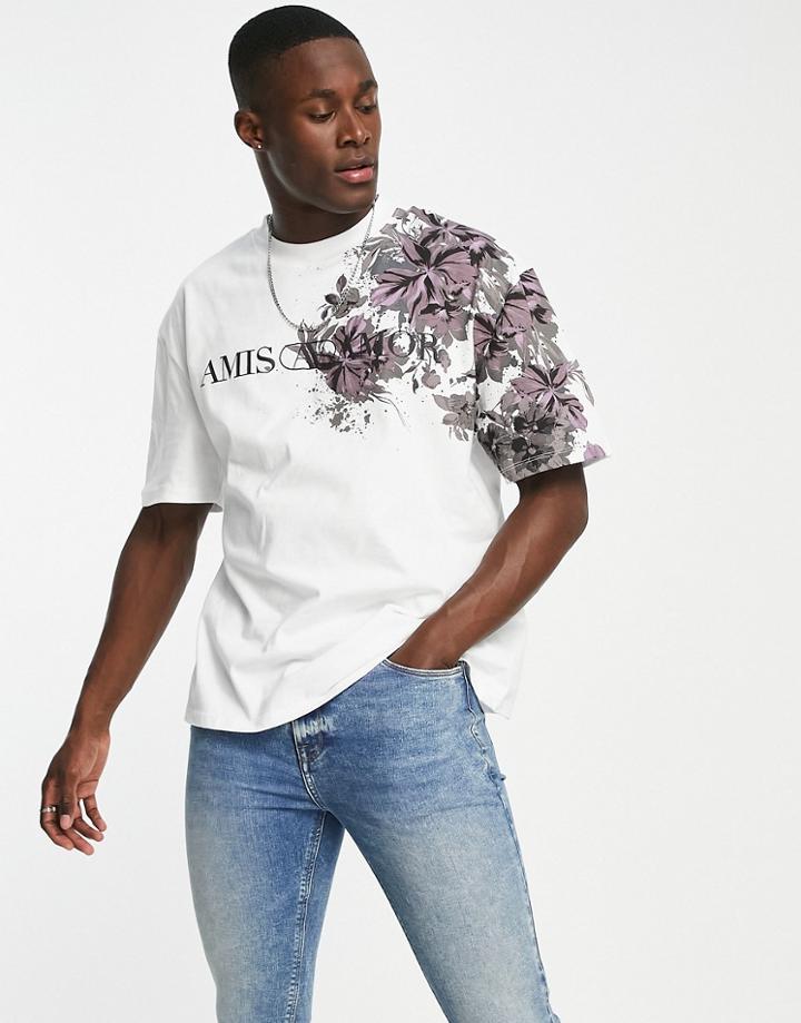 River Island Oversized T-shirt With Floral Placement Print In White