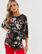 Ax Paris Floral 3/4 Sleeve Blouse - Black