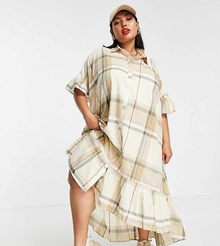 River Island Plus Striped Volume A-line Midi Shirt Dress In Green