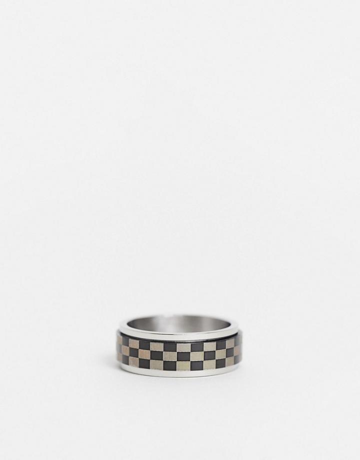 Asos Design Stainless Steel Movement Ring With Checkerboard Design In Silver Tone