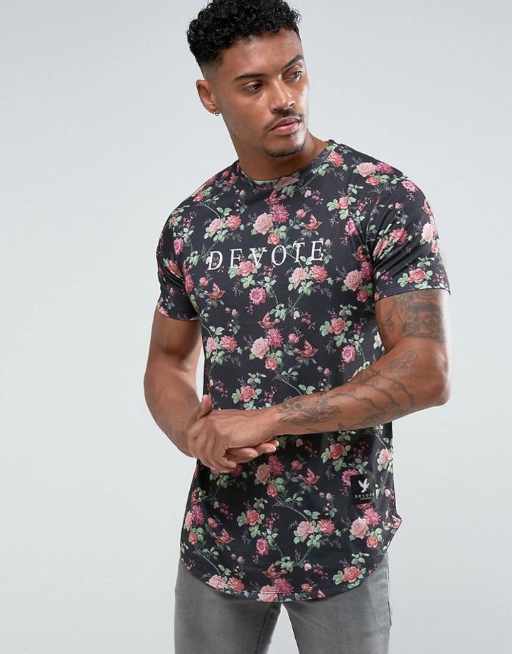 Devote Floral Print T-shirt With Curved Hem - Black