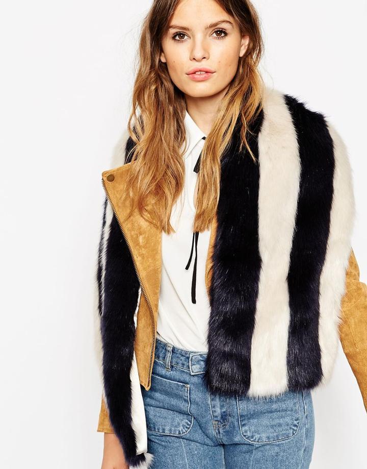 Asos Faux Fur Scarf In Vertical Stripe Design - Blue And Cream