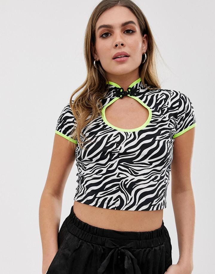 Asos Design Mandarin Collar Top In Animal Print With Fluro Trim-multi