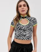 Asos Design Mandarin Collar Top In Animal Print With Fluro Trim-multi