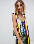 Native Rose Cami Top In Rainbow Sequin With Pom Pom Detail - Multi