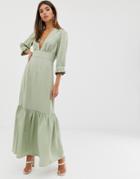 Asos Design Plunge Tea Maxi Dress With Pep Hem - Green