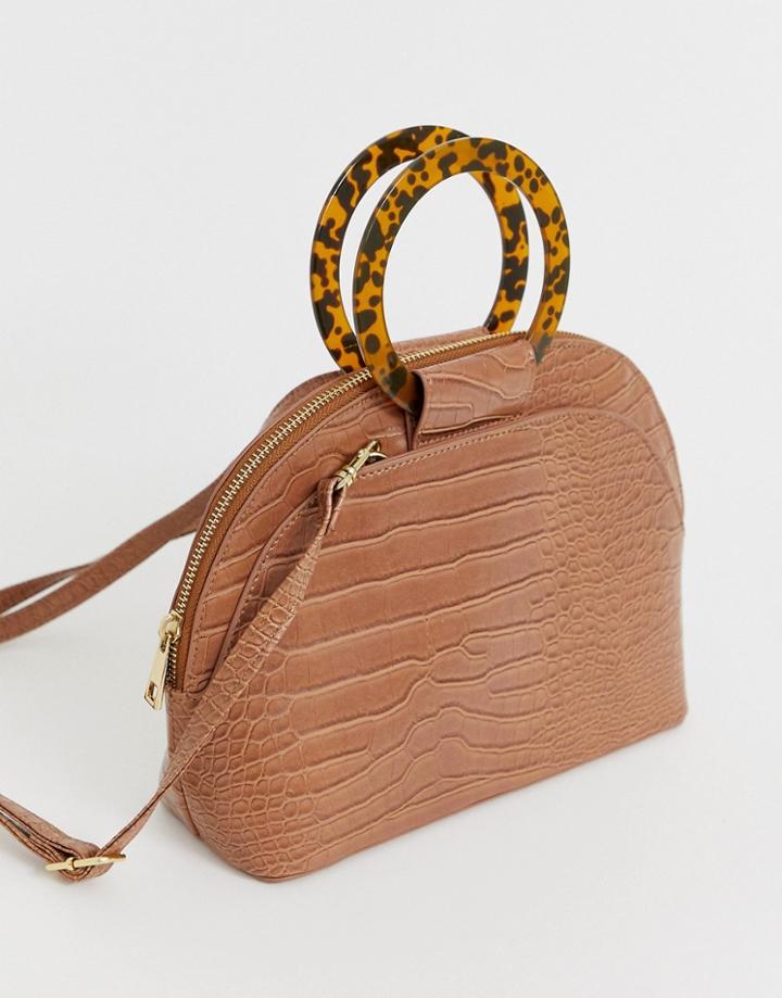 Chateau Resin Handle Bag In Camel Embossed Crocodile - Tan