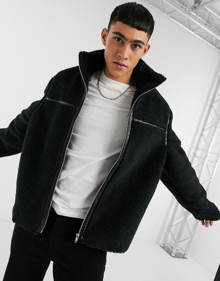 Asos Design Oversized Sherpa Jacket With Tape Detail In Black-grey